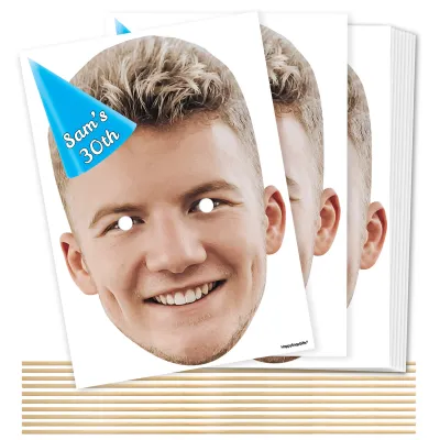 Pack of 10 (A4) with Hat Theme (Blue) DIY Masks + Sticks (Personalised with Text)