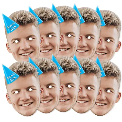 Pack of 10 (A4) with Hat Theme (Blue) Finished Masks + Elastics (Personalised with Text)