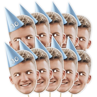 (Pack of 10) (Sky Blue) Finished Masks + Sticks (10 of Same Faces) (Personalised with Text)