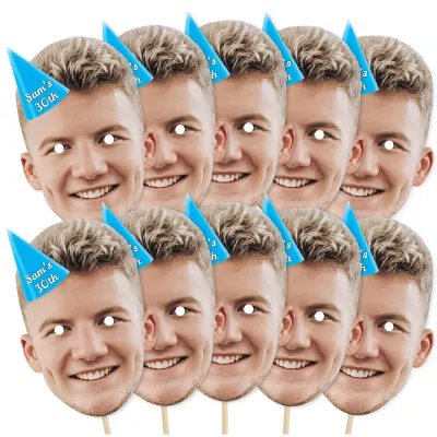 Pack of 10 (A4) with Hat Theme (Blue) Finished Masks + Sticks (Personalised with Text)