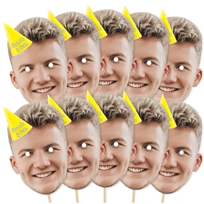 Pack of 10 (A4) with Hat Theme (Yellow) Finished Masks + Sticks (Personalised with Text)