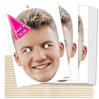 A4 (Pack of 25) with Hat Theme (Pink) DIY Masks + Sticks (Personalised with Text)