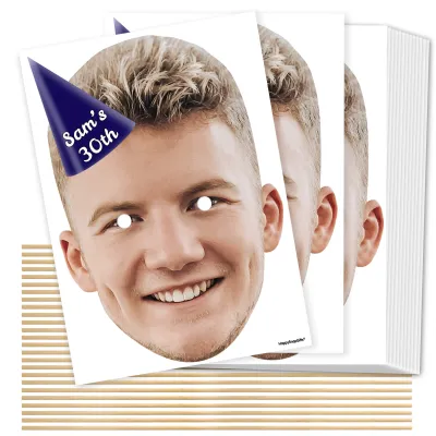 A4 (Pack of 25) with Hat Theme (Navy Blue) DIY Masks + Sticks (Personalised with Text)
