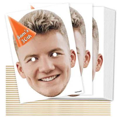 A4 (Pack of 25) with Hat Theme (Orange) DIY Masks + Sticks (Personalised with Text)