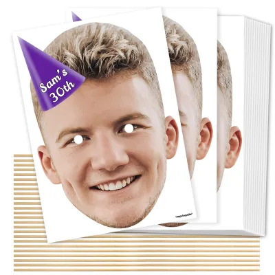 A4 (Pack of 25) with Hat Theme (Purple) DIY Masks + Sticks (Personalised with Text)