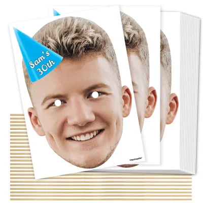 A4 (Pack of 25) with Hat Theme (Blue) DIY Masks + Sticks (Personalised with Text)