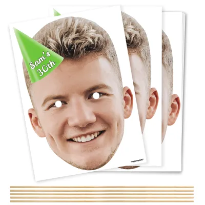 Pack of 5 (A4) with Hat Theme (Green) DIY Masks + Sticks (Personalised with Text)
