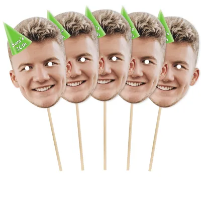 Pack of 5 (A4) with Hat Theme (Green) Finished Masks + Sticks (Personalised with Text)