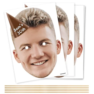 Pack of 5 (A4) with Hat Theme (Brown) DIY Masks + Sticks (Personalised with Text)