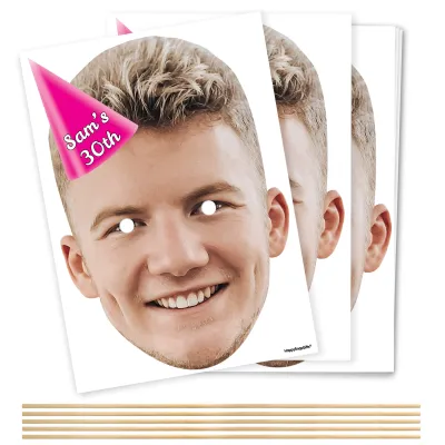 Pack of 5 (A4) with Hat Theme (Pink) DIY Masks + Sticks (Personalised with Text)
