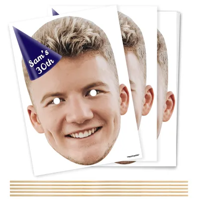 Pack of 5 (A4) with Hat Theme (Navy Blue) DIY Masks + Sticks (Personalised with Text)