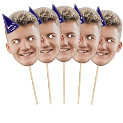 Pack of 5 (A4) with Hat Theme (Navy Blue) Finished Masks + Sticks (Personalised with Text)