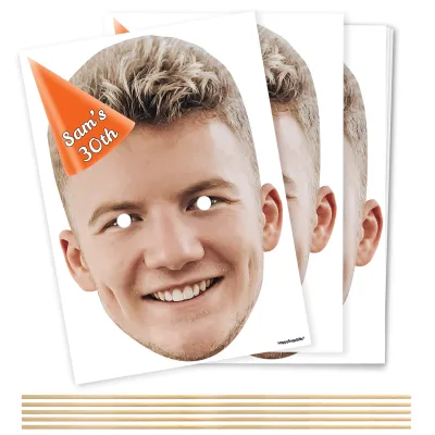 Pack of 5 (A4) with Hat Theme (Orange) DIY Masks + Sticks (Personalised with Text)