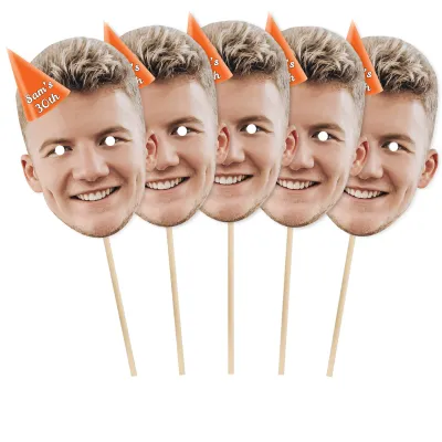 Pack of 5 (A4) with Hat Theme (Orange) Finished Masks + Sticks (Personalised with Text)