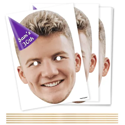Pack of 5 (A4) with Hat Theme (Purple) DIY Masks + Sticks (Personalised with Text)