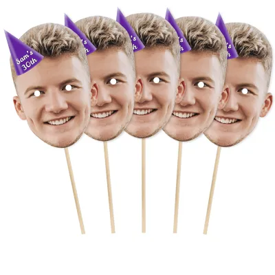 Pack of 5 (A4) with Hat Theme (Purple) Finished Masks + Sticks (Personalised with Text)