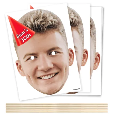 Pack of 5 (A4) with Hat Theme (Red) DIY Masks + Sticks (Personalised with Text)