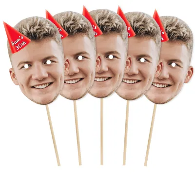 Pack of 5 (A4) with Hat Theme (Red) Finished Masks + Sticks (Personalised with Text)