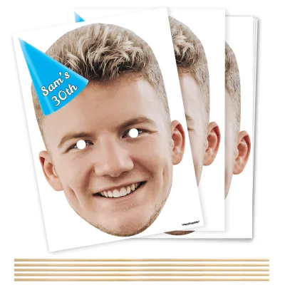 Pack of 5 (A4) with Hat Theme (Blue) DIY Masks + Sticks (Personalised with Text)