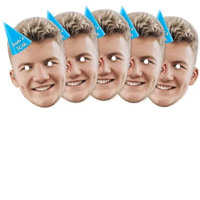 Pack of 5 (A4) with Hat Theme (Blue) Finished Masks + Elastics (Personalised with Text)