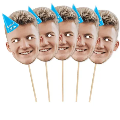 Pack of 5 (A4) with Hat Theme (Blue) Finished Masks + Sticks (Personalised with Text)