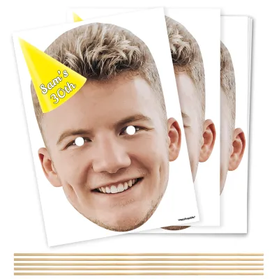 Pack of 5 (A4) with Hat Theme (Yellow) DIY Masks + Sticks (Personalised with Text)