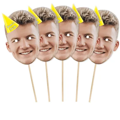 Pack of 5 (A4) with Hat Theme (Yellow) Finished Masks + Sticks (Personalised with Text)