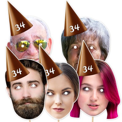 (Pack of 5) (Brown) Finished Masks + Sticks (5 Different Faces) (Personalised with Text)