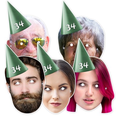 (Pack of 5) (Green) Finished Masks + Elastics (5 Different Faces) (Personalised with Text)