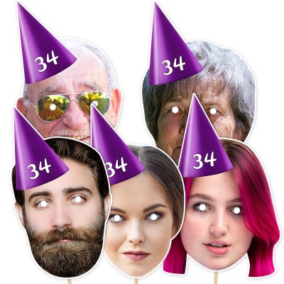 (Pack of 5) (Purple) Finished Masks + Sticks (5 Different Faces) (Personalised with Text)