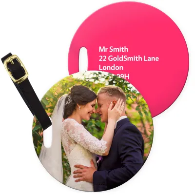 (10cm Circle) Hot Pink (Fuchsia) with Leather Strap (Personalised with Text)