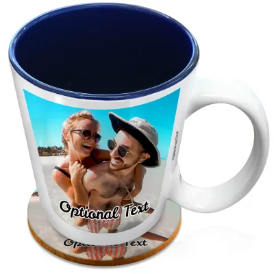 (XL 15oz Blue) with 1 Photo Printed Front & Back (Personalised with Text) with 1 matching Circular Coaster