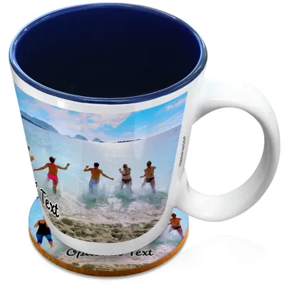 (XL 15oz Blue) with 1 Wrapped Around Image (Personalised with Text) with 1 matching Circular Coaster