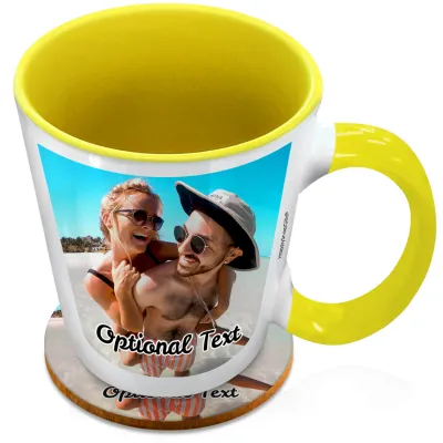(XL 15oz Yellow Inner & Handle) with 1 Photo Printed Front & Back (Personalised with Text) with 1 matching Circular Coaster