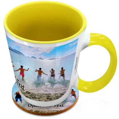 (XL 15oz Yellow Inner & Handle) with 1 Wrapped Around Image (Personalised with Text) with 1 matching Circular Coaster
