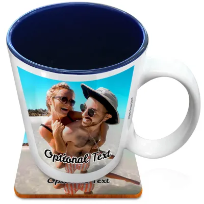 (XL 15oz Blue) with 1 Photo Printed Front & Back (Personalised with Text) with 1 matching Square Coaster