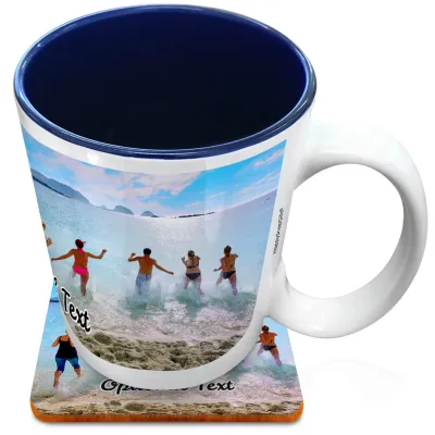 (XL 15oz Blue) with 1 Wrapped Around Image (Personalised with Text) with 1 matching Square Coaster
