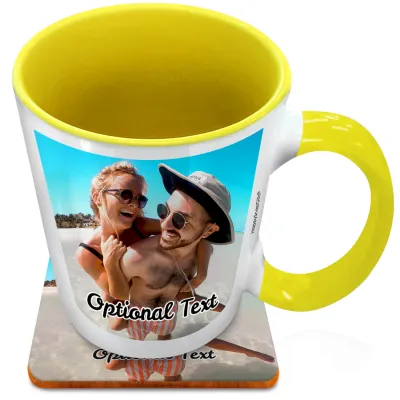 (XL 15oz Yellow Inner & Handle) with 1 Photo Printed Front & Back (Personalised with Text) with 1 matching Square Coaster