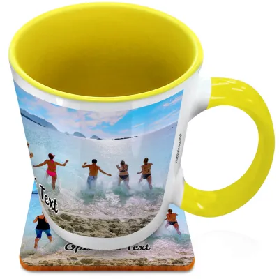 (XL 15oz Yellow Inner & Handle) with 1 Wrapped Around Image (Personalised with Text) with 1 matching Square Coaster