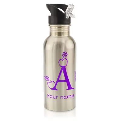 in Silver (600ml) with Drinking Straw with Alphabet Theme Purple (Personalised with Text)