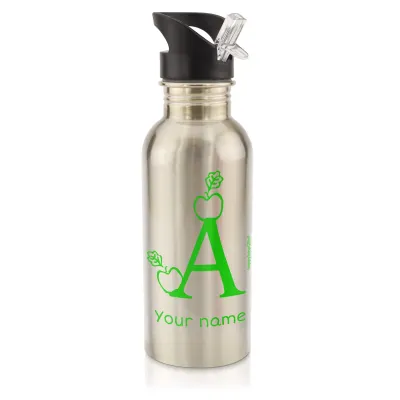 in Silver (600ml) with Drinking Straw with Alphabet Theme Bright Green (Personalised with Text)