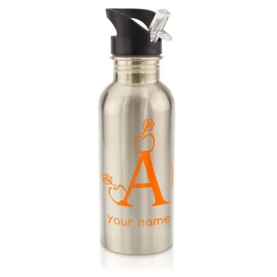 in Silver (600ml) with Drinking Straw with Alphabet Theme Burnt Orange (Personalised with Text)