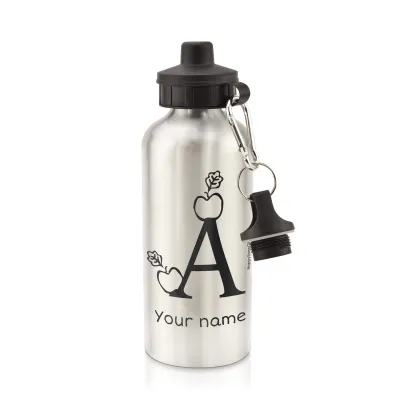 in Silver (600ml) with Screw Cap with Alphabet Theme Black (Personalised with Text)