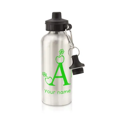 in Silver (600ml) with Screw Cap with Alphabet Theme Bright Green (Personalised with Text)