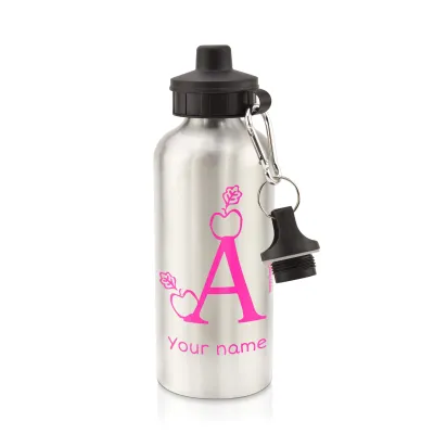 in Silver (600ml) with Screw Cap with Alphabet Theme Hot Pink (Fuchsia) (Personalised with Text)