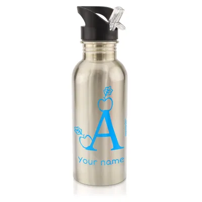 in Silver (600ml) with Drinking Straw with Alphabet Theme Sky Blue (Personalised with Text)