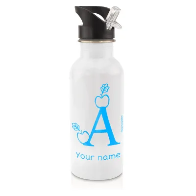 in White (600ml) with Drinking Straw with Alphabet Theme Sky Blue (Personalised with Text)