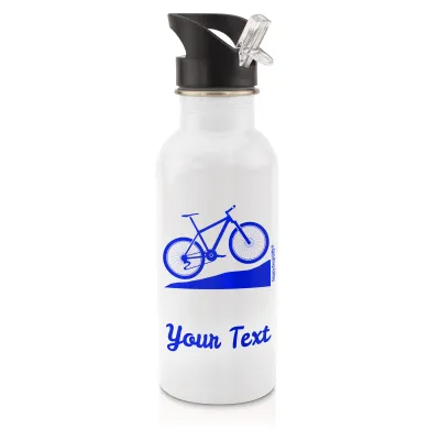 in White (600ml) with Drinking Straw (Mountain Biking Icon) Royal Blue (Personalised with Text)