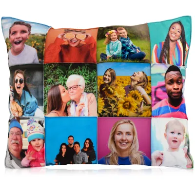 (Polyester Fibre Filling) Navy Blue Soft Velvet Polyester Fabric with Removable (Zip) Cover (Patchwork Sewn Photos) 12 Photos (Approx. 50cm x 40cm) (Personalised with Text)