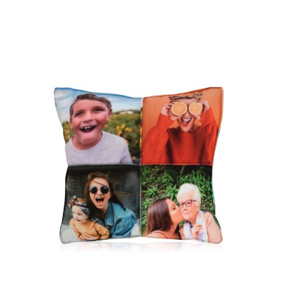 (Polyester Fibre Filling) Sky Blue Soft Velvet Polyester Fabric with Removable (Zip) Cover (Patchwork Sewn Photos) 4 Photos (Approx. 25cm Square) (Personalised with Text)